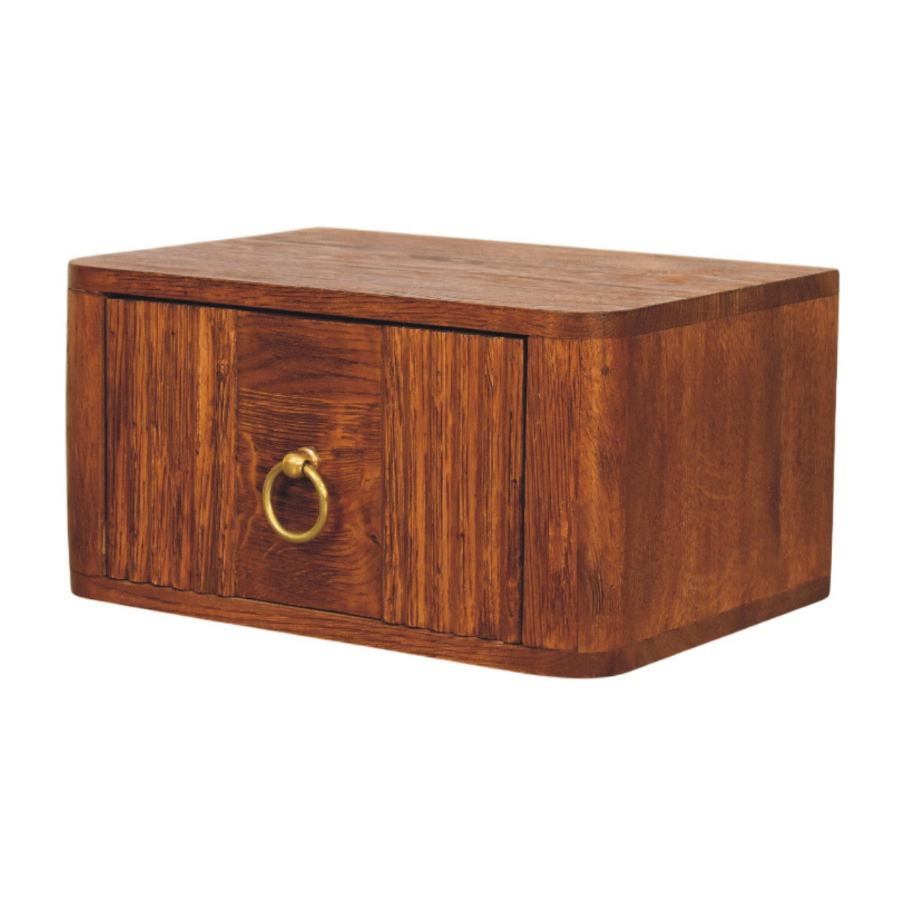 Aurelia wall bedside table wall-mounted in warm-toned wood with a single drawer and brass ring pull detailing