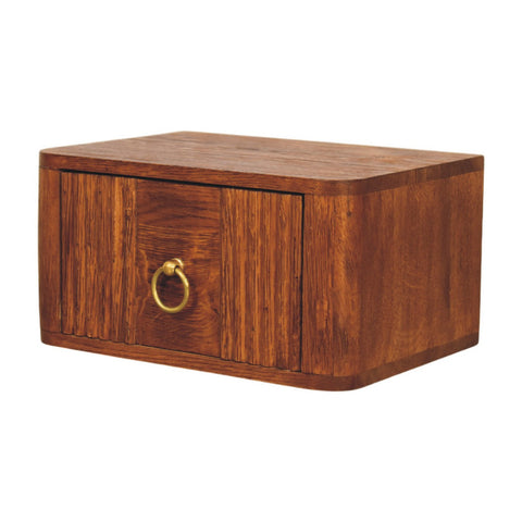 Aurelia wall bedside table wall-mounted in warm-toned wood with a single drawer and brass ring pull detailing