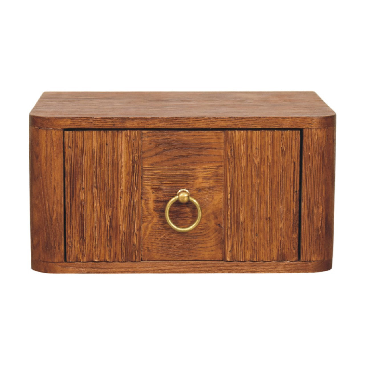 Aurelia wall bedside table rustic brown wooden box with single drawer and brass ring pull wall-mounted design