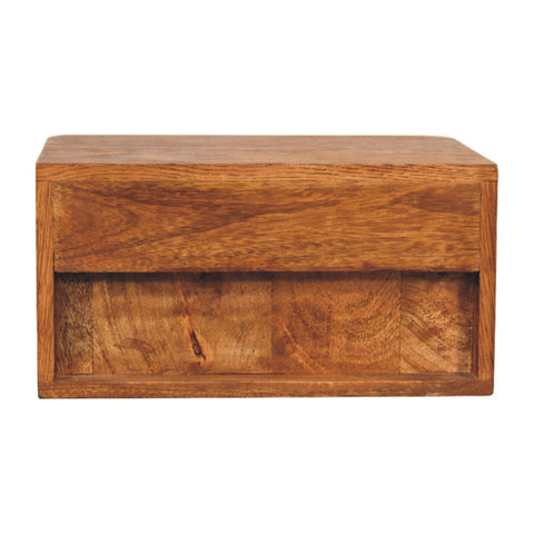 Aurelia wall bedside table wall-mounted with a rustic wooden bread box style and warm natural finish wood grain patterns