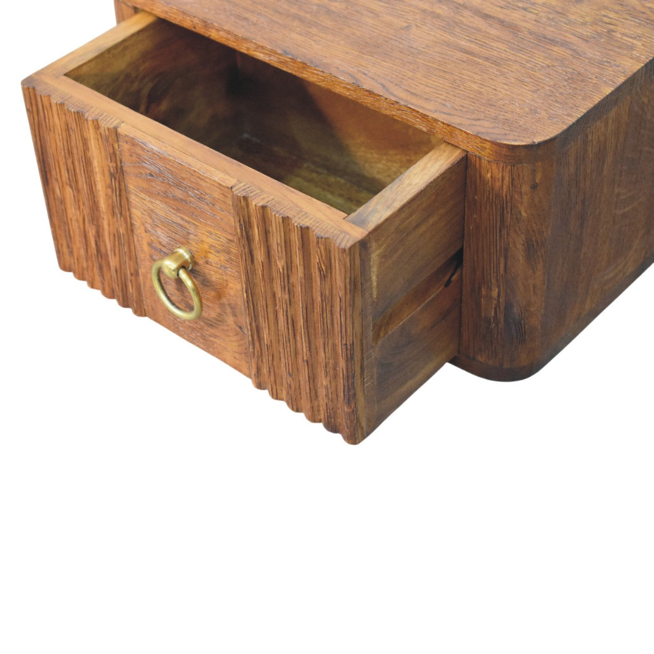 Aurelia wall bedside table with a rustic wooden drawer in warm brown finish and vertical grooves wall-mounted design
