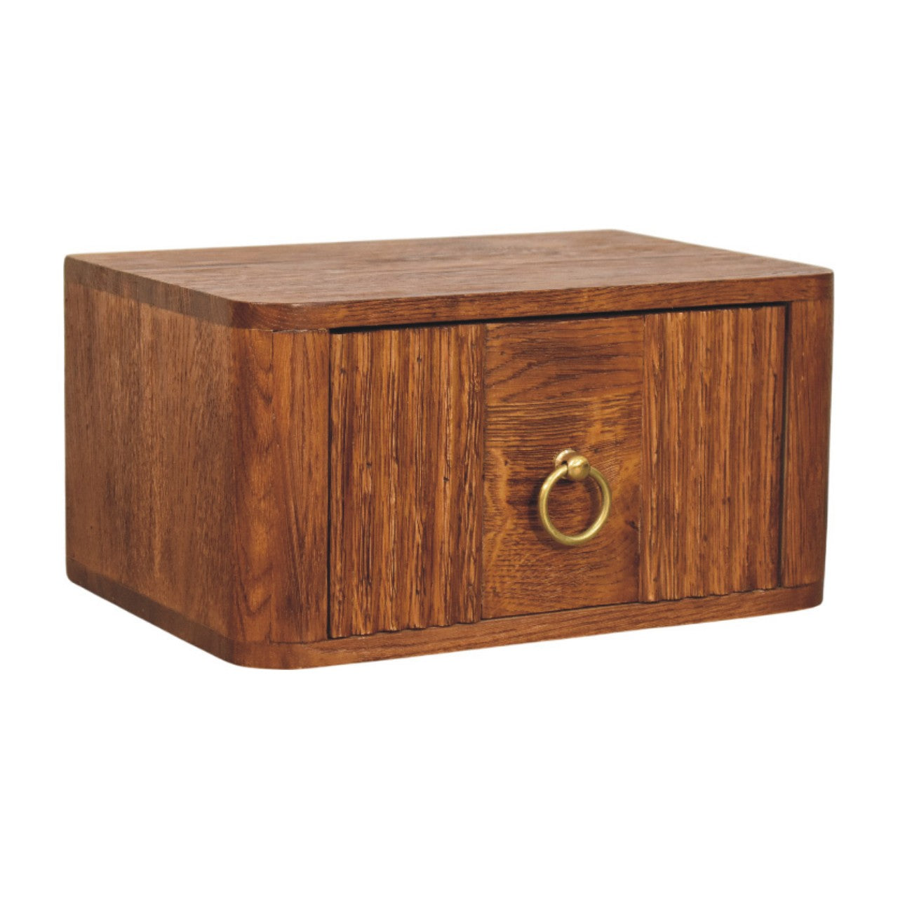 Aurelia wall bedside table in rustic wood with vertical grain and single drawer featuring brass ring pull