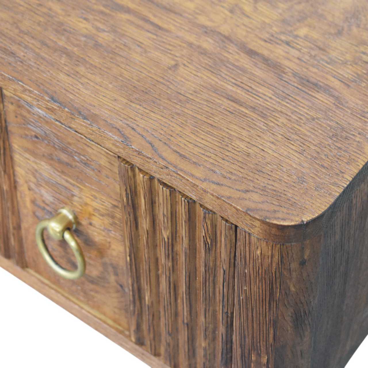Aurelia wall bedside table with dark brown rustic wood finish vertical grooves and brass ring pull handle mounted on wall