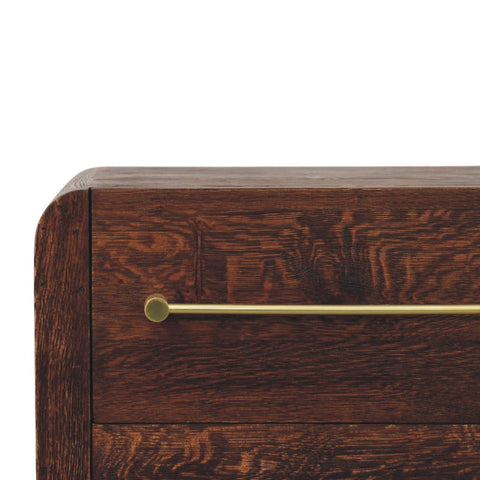 Dark brown aurelio smoked oak bedside table with sleek brass horizontal handle for bedside storage