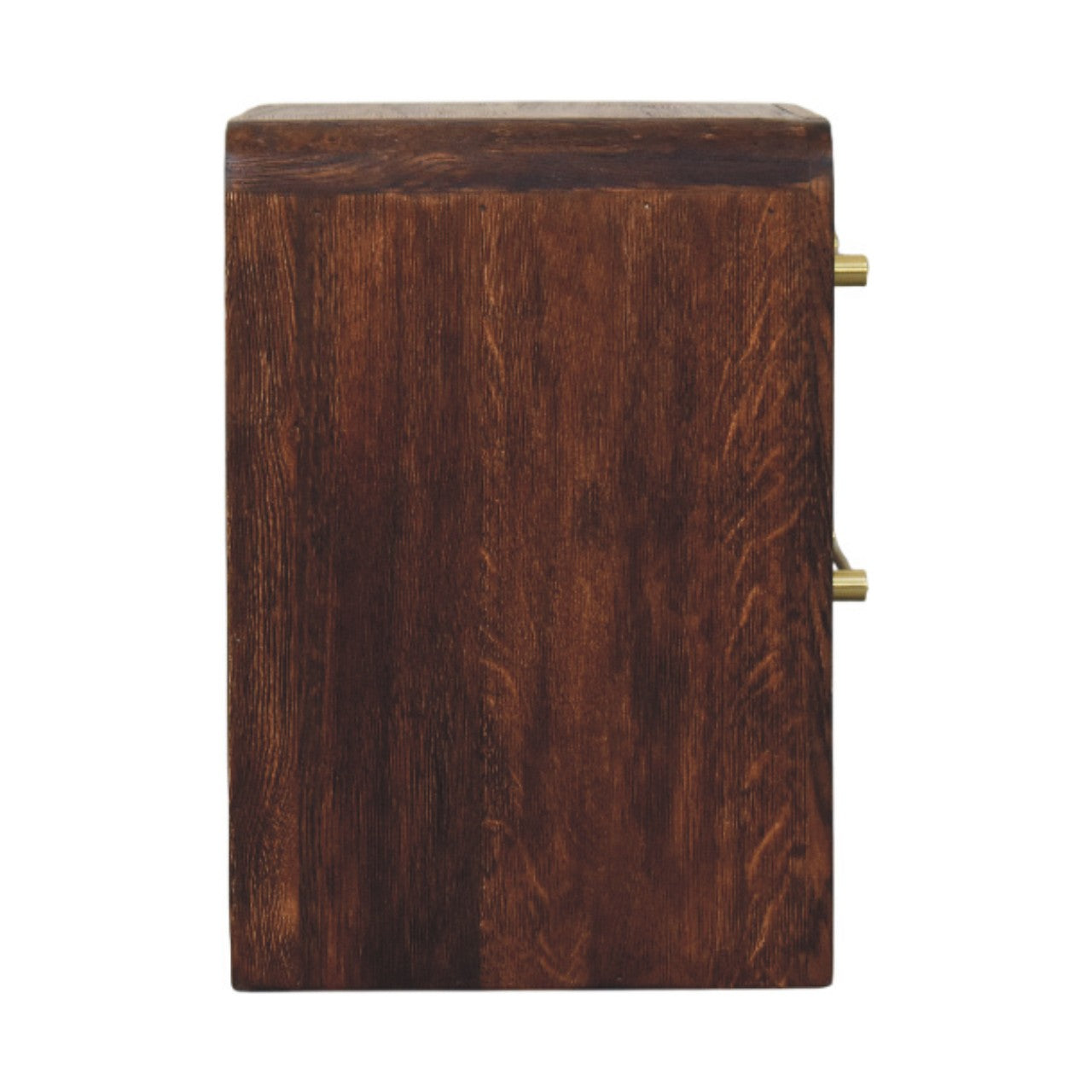 Dark brown smoked oak aurelio bedside storage box with brass handles for stylish bedside table organization