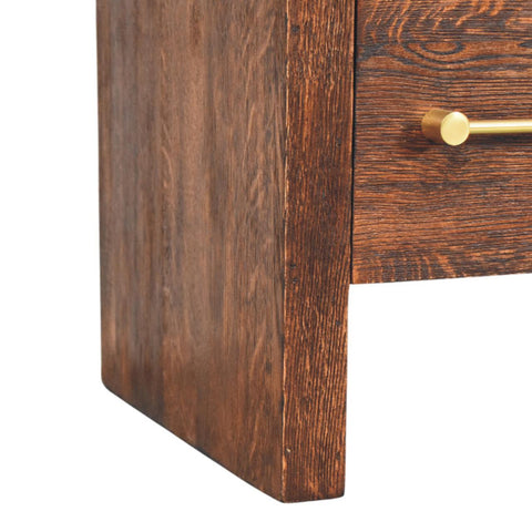 Dark brown smoked oak aurelio bedside table with brass drawer pull for bedside storage and style