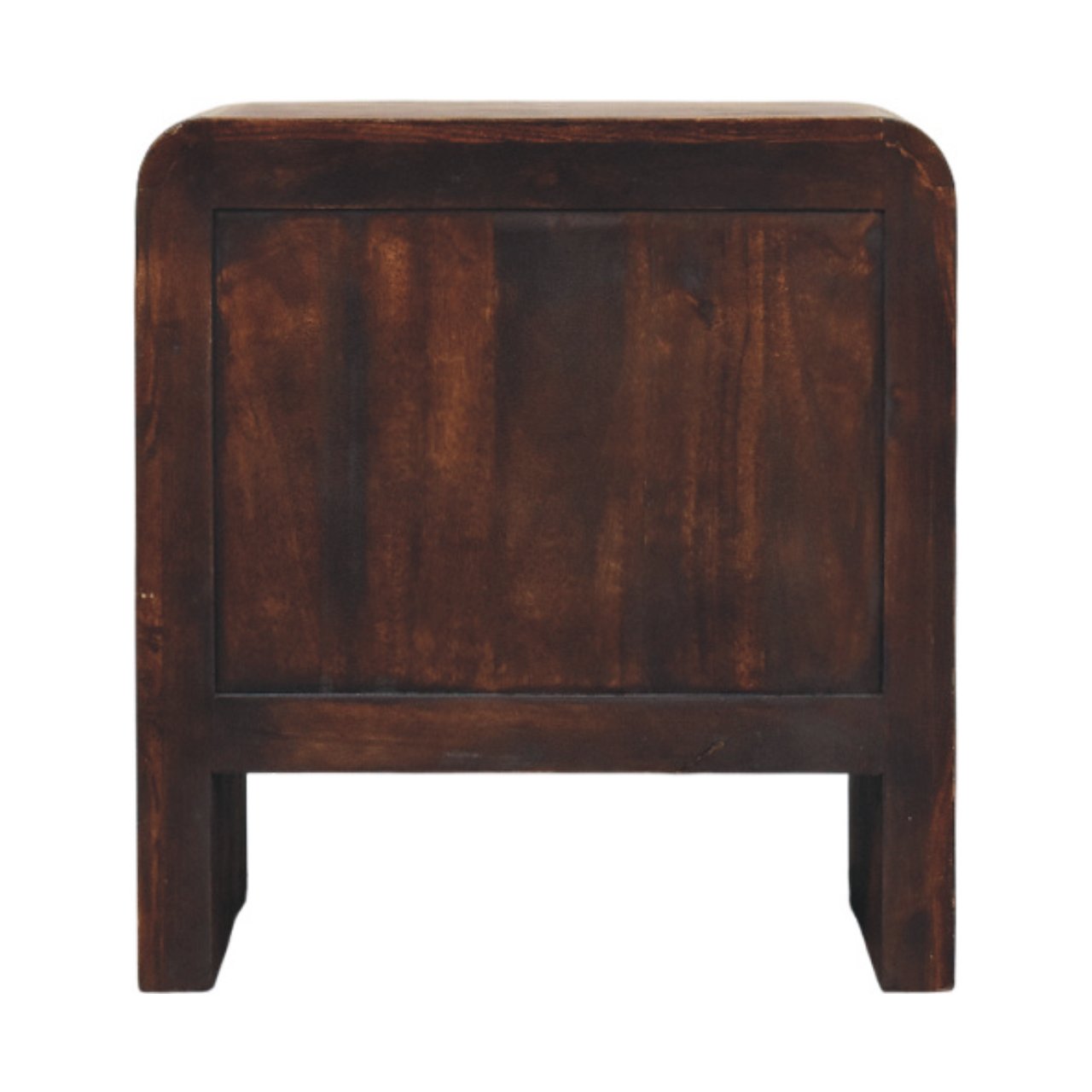 Dark brown aurelio smoked oak bedside table with smooth worn finish and rounded edges for bedside storage