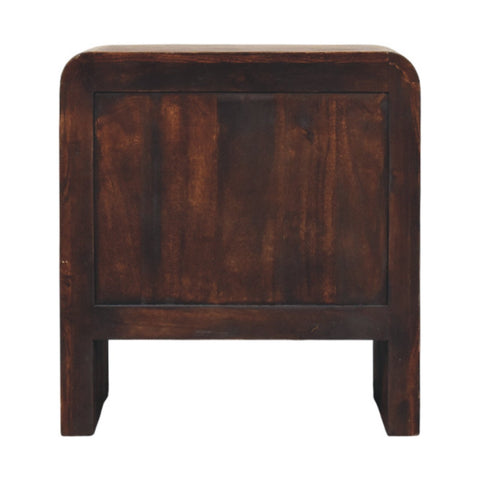 Dark brown aurelio smoked oak bedside table with smooth worn finish and rounded edges for bedside storage