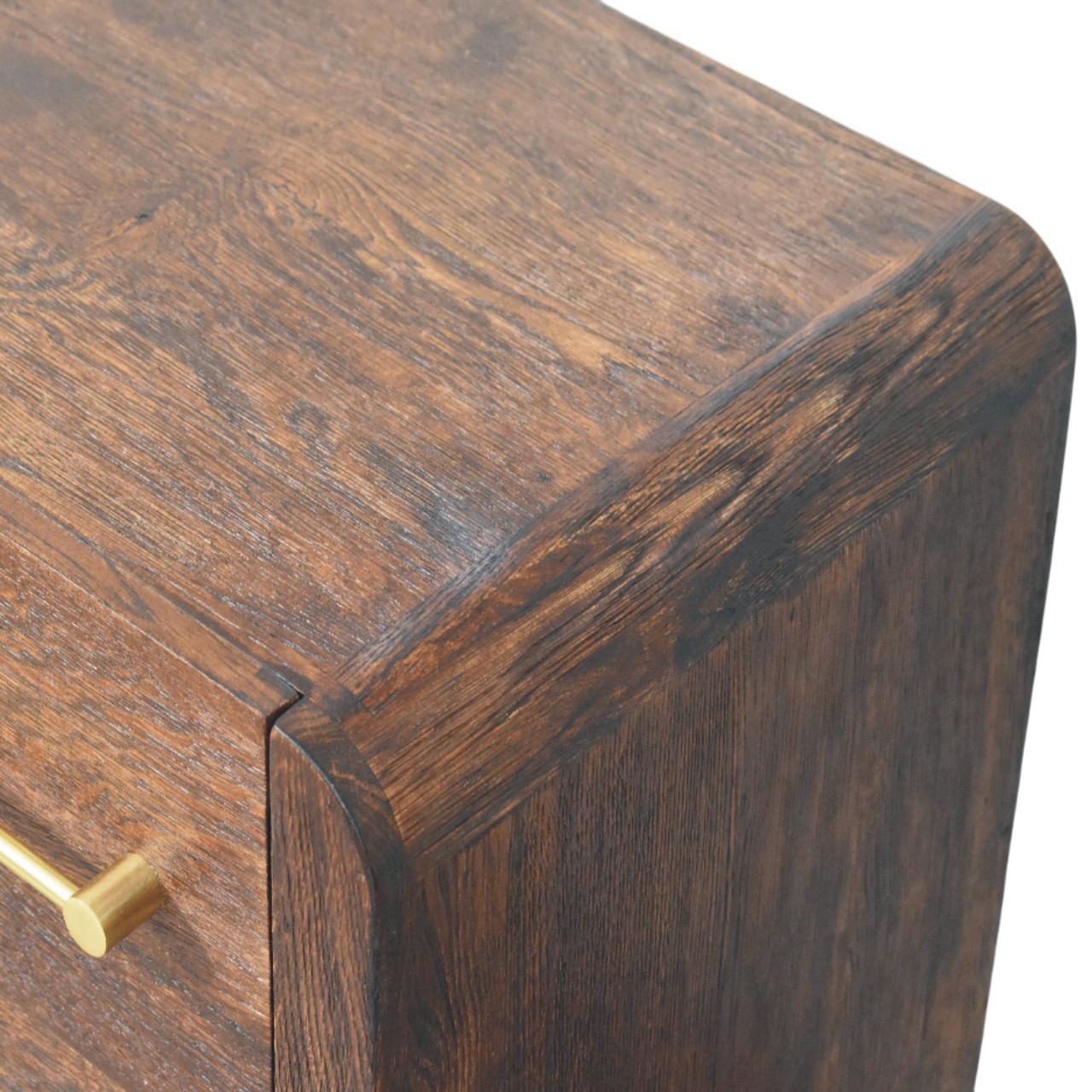Dark brown smoked oak bedside table with polished finish and brass drawer pull for bedside storage aurelio smoked oak