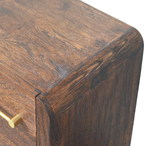 Dark brown smoked oak bedside table with polished finish and brass drawer pull for bedside storage aurelio smoked oak