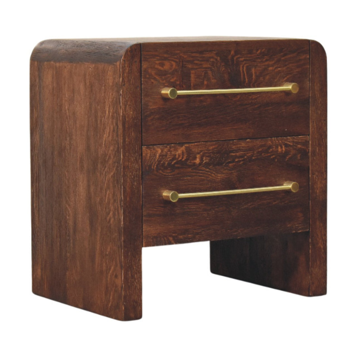Dark brown aurelio smoked oak bedside table with two drawers and brass handles for bedside storage