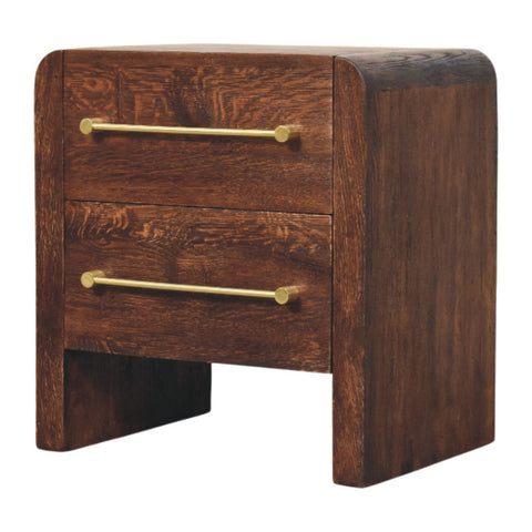 Dark wood aurelio smoked oak bedside table with two drawers and brass handles for bedside storage