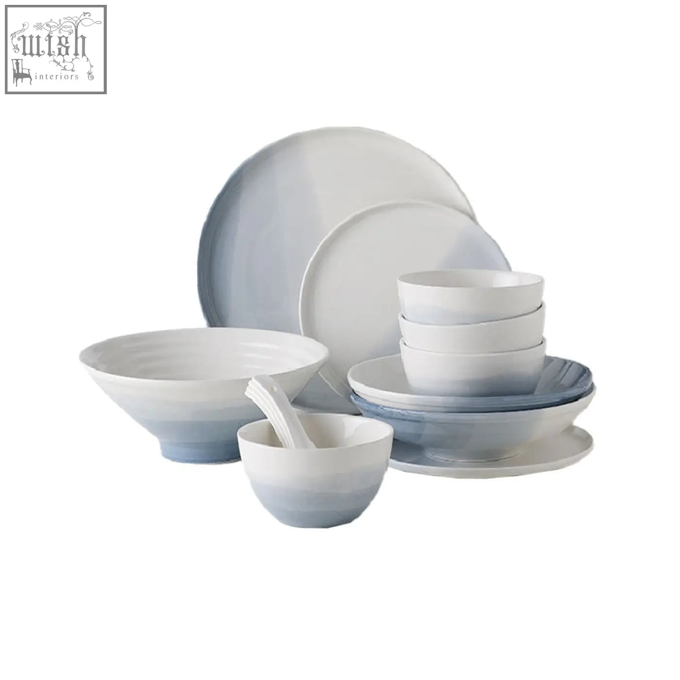 Aurora dinner set gradient features a modern dining set with glossy ceramic plates and bowls in white to light blue ombre