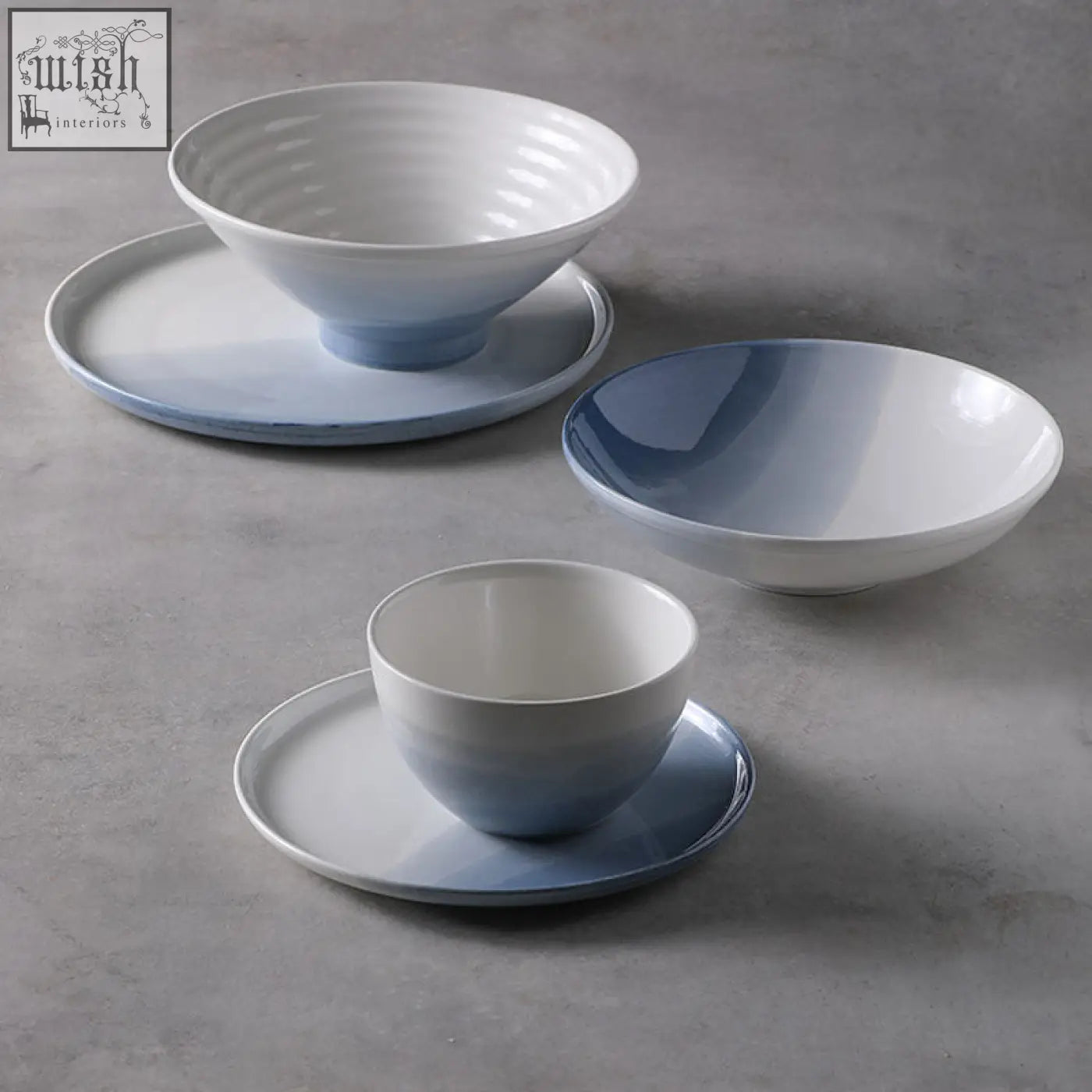 Set of three ceramic bowls with saucers in white to soft blue gradient from aurora dinner set dining set