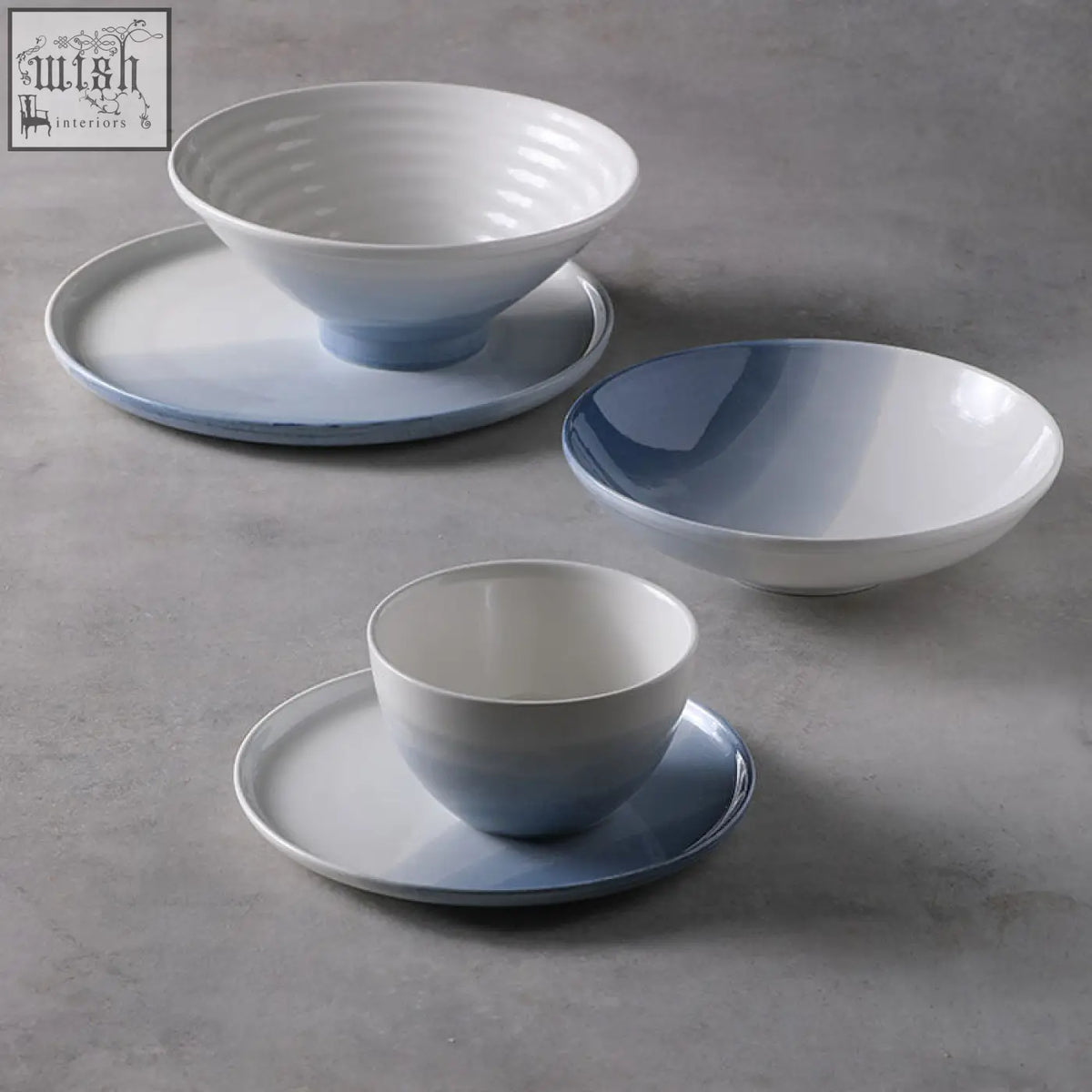 Set of three ceramic bowls with saucers in white to soft blue gradient from aurora dinner set dining set