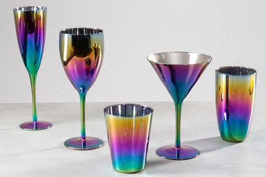 Iridescent rainbow-colored metallic aurora glass tumblers set of 4 in various shapes and sizes perfect for cocktails