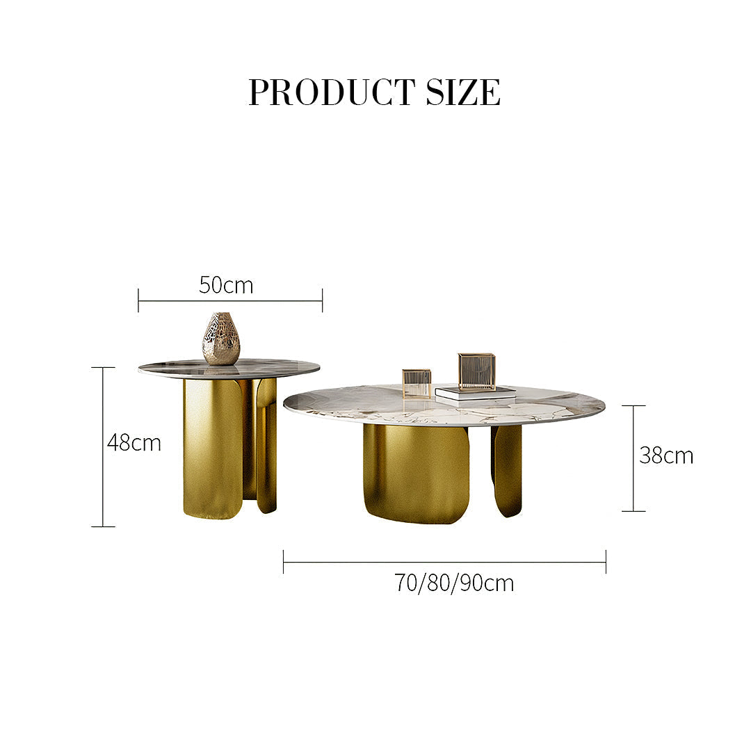 Modern gold nesting coffee tables with sintered stone marble tops and sculptural aurora gold bases in white and gray tones