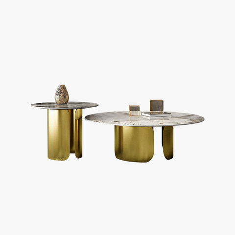 Modern aurora gold nesting coffee tables with polished gold metal bases and sintered stone marble tops
