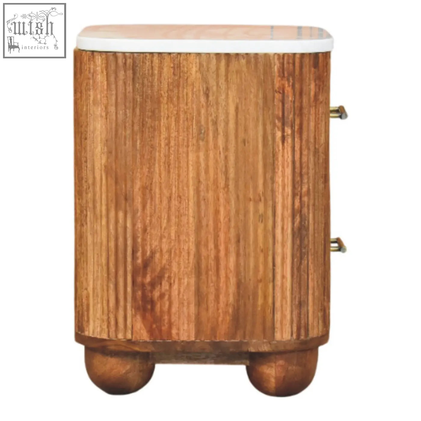 A rustic aurora marble bedside table with white marble top brass handles and solid mango wood vertical grain