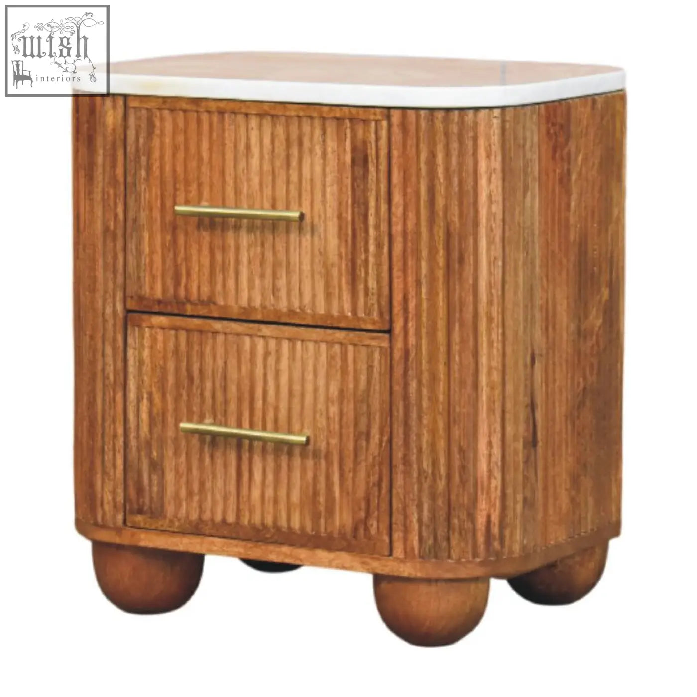 Rustic aurora marble bedside table with white marble top, vertical ribbed solid mango wood and brass handles