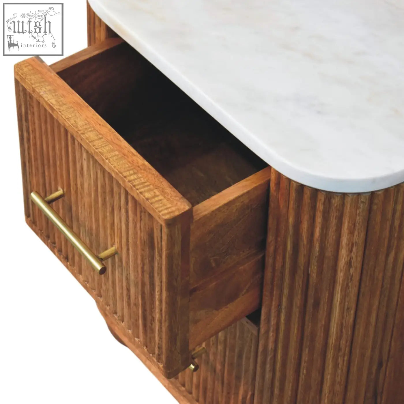 Rustic aurora marble bedside table with marble-effect solid mango wood, white marble top, and brass handles