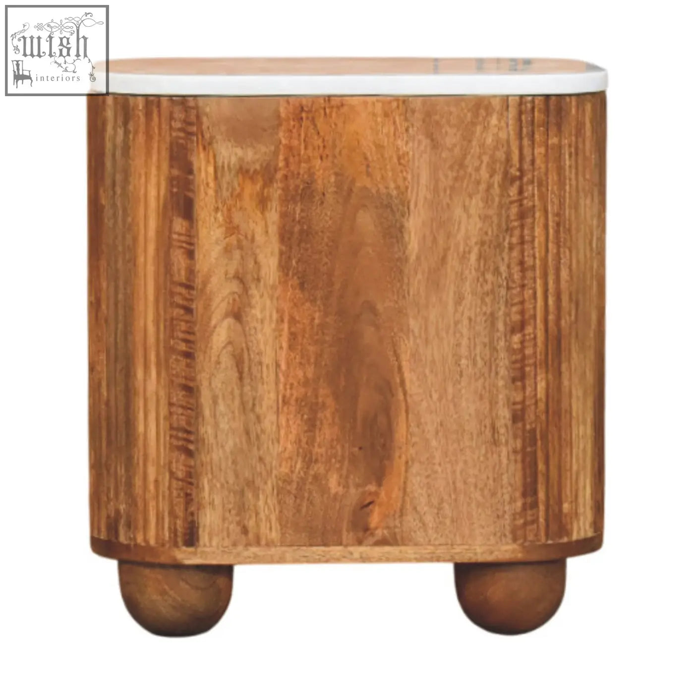 Rustic aurora marble bedside table with white marble top and rounded ball feet made from solid mango wood