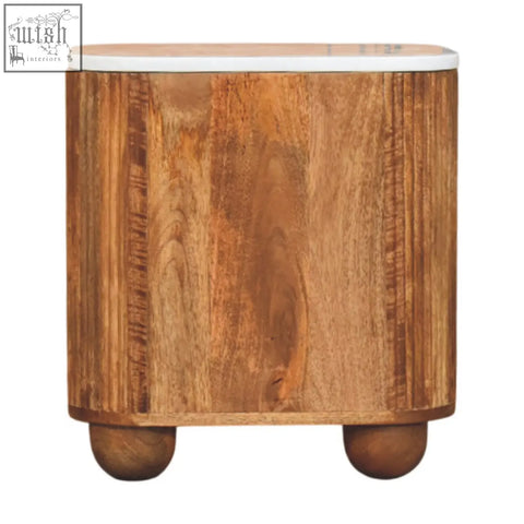 Rustic aurora marble bedside table with white marble top and rounded ball feet made from solid mango wood