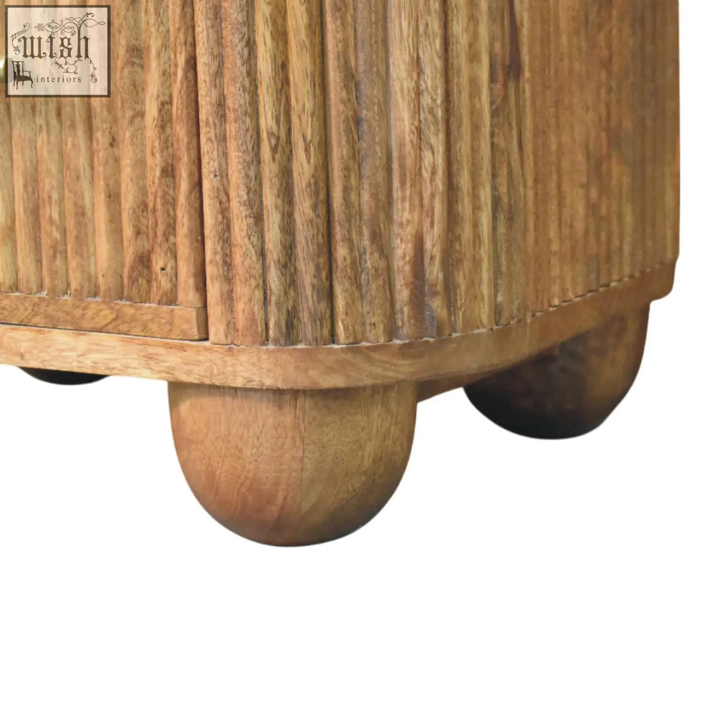 A rustic aurora marble bedside table with marble effect top solid mango wood and vertical slat design