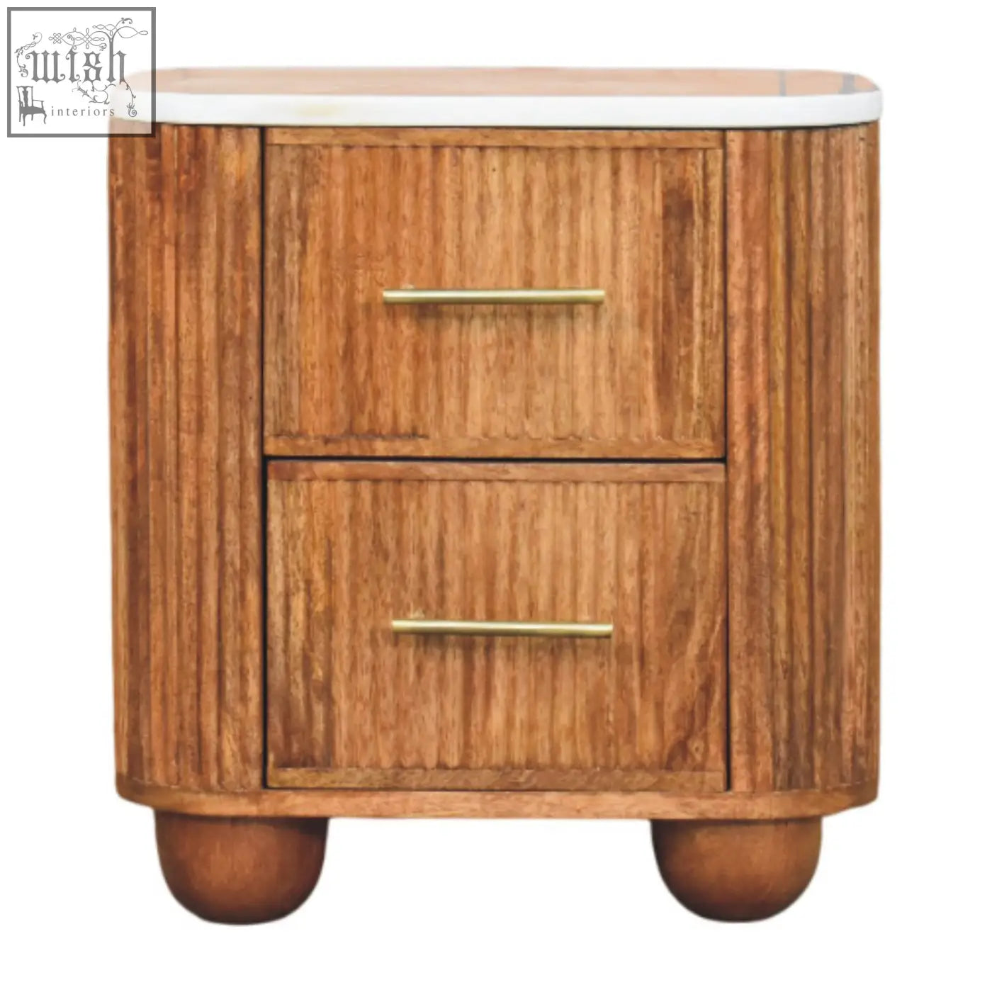 A sleek aurora marble bedside table with two drawers in warm marble-effect solid mango wood and ribbed sides