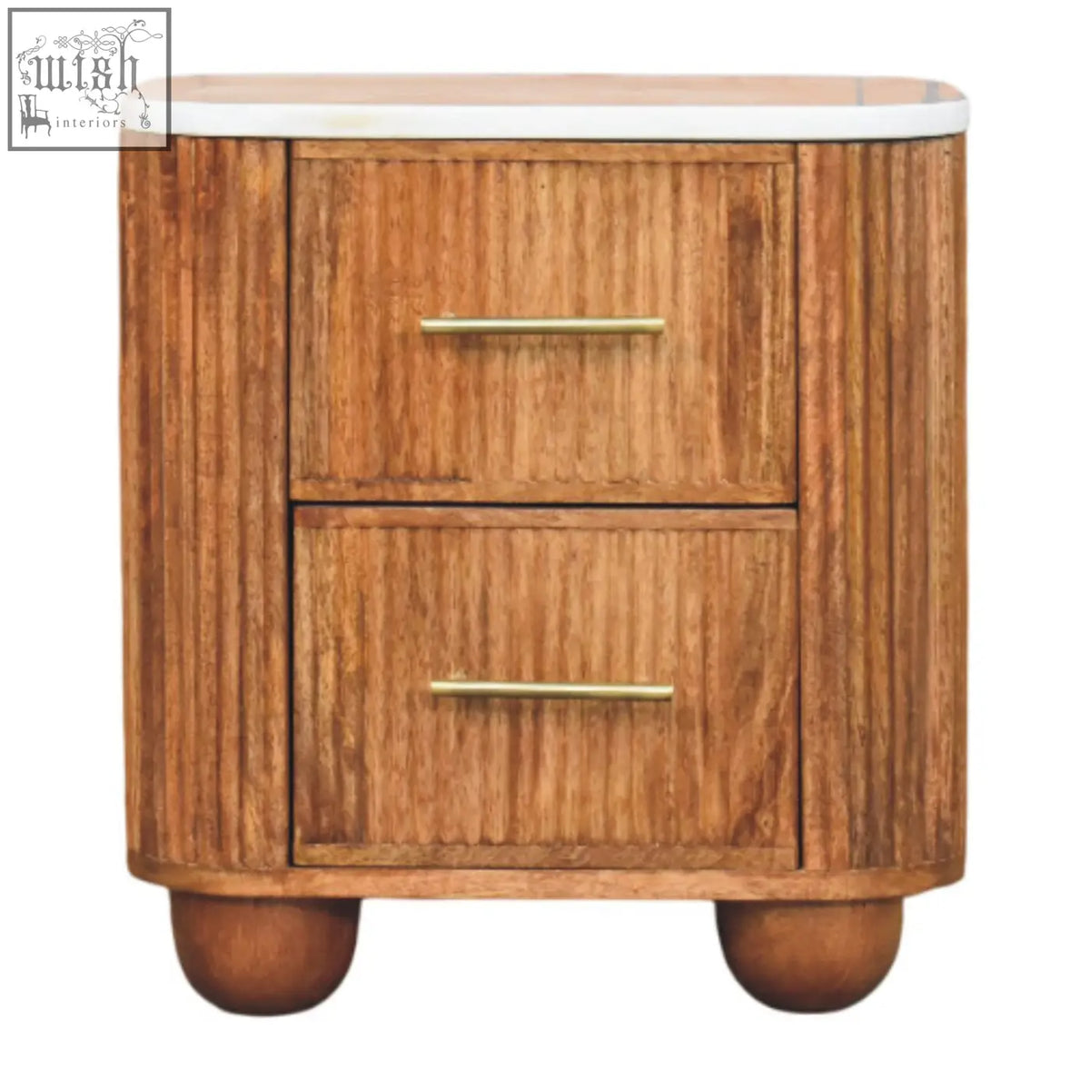 A sleek aurora marble bedside table with two drawers in warm marble-effect solid mango wood and ribbed sides
