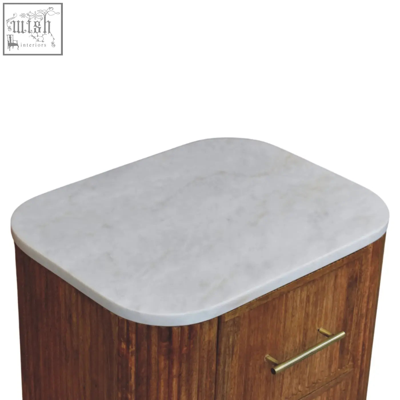 A sleek white marble countertop with veining on a dark solid mango wood aurora marble bedside table with brass handle