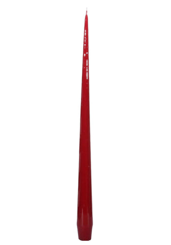 A sleek red slender taper candle with glossy finish and subtle vertical ridges from aurora medium slender taper candles