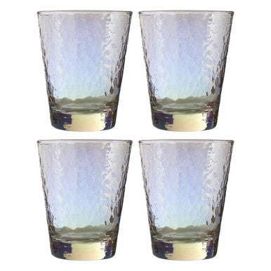 Set of four aurora lustre glass tumblers with hammered texture and iridescent blue to gold finish at the base