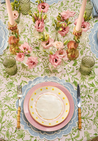 Pastel pink and cream dinner plate with yellow polka dots gold rim and scalloped edge in aurora light blue placemats set of 4