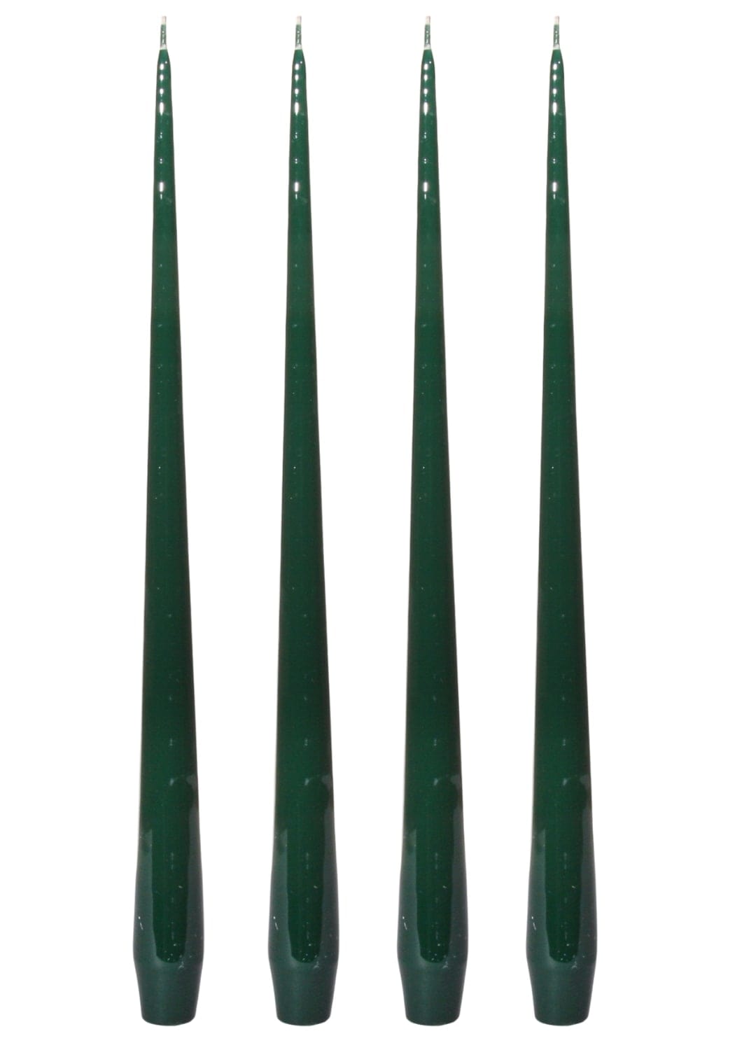 Four slender taper candles in green with a glossy finish and subtle vertical ridges perfect for elegant decor