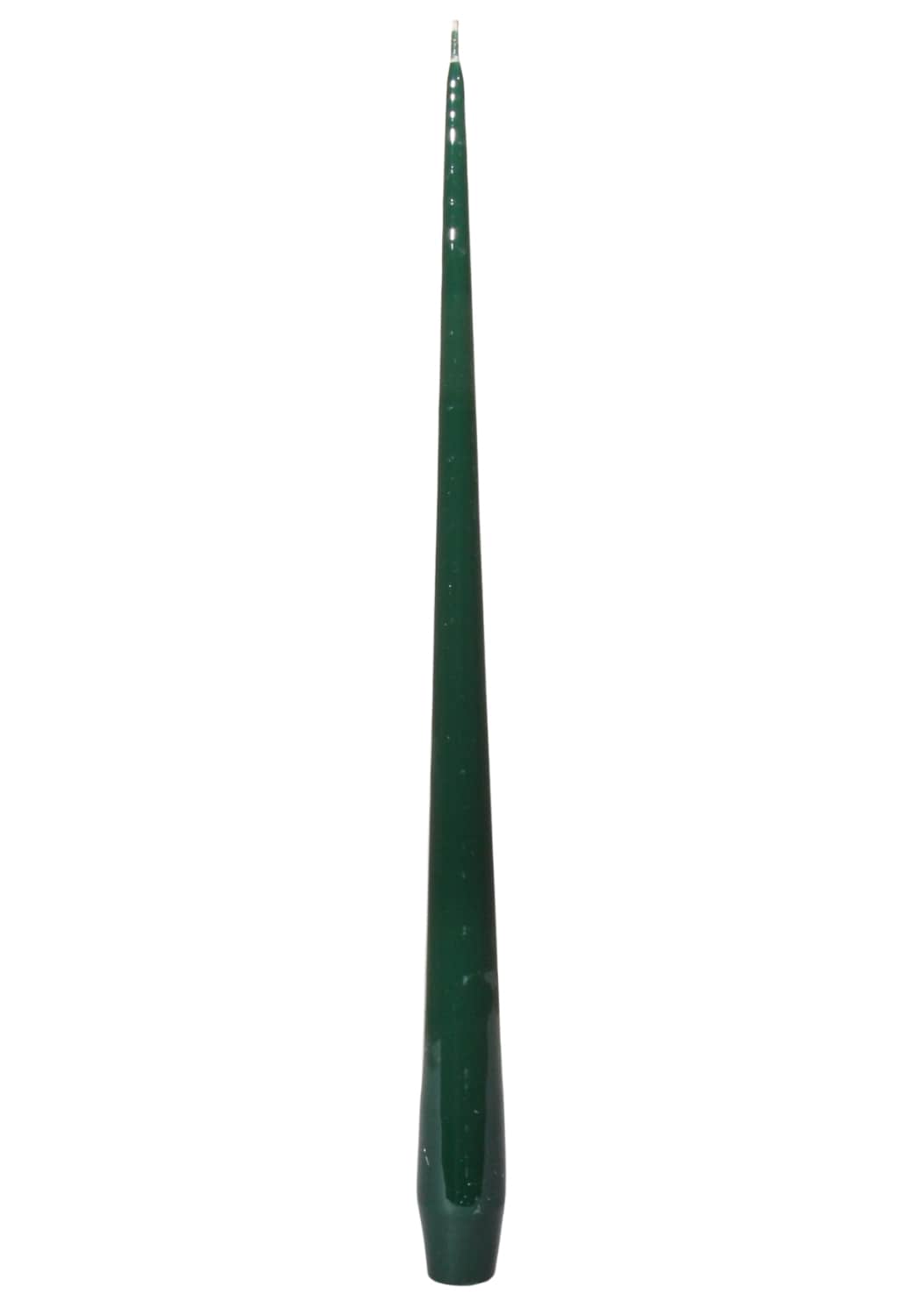 A sleek dark green aurora small slender taper candle with smooth glossy finish and subtle vertical ridges