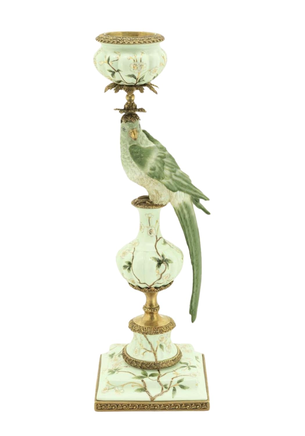 Aurora songbird candleholder right features an ornate white porcelain base with gold accents and a green parrot topper