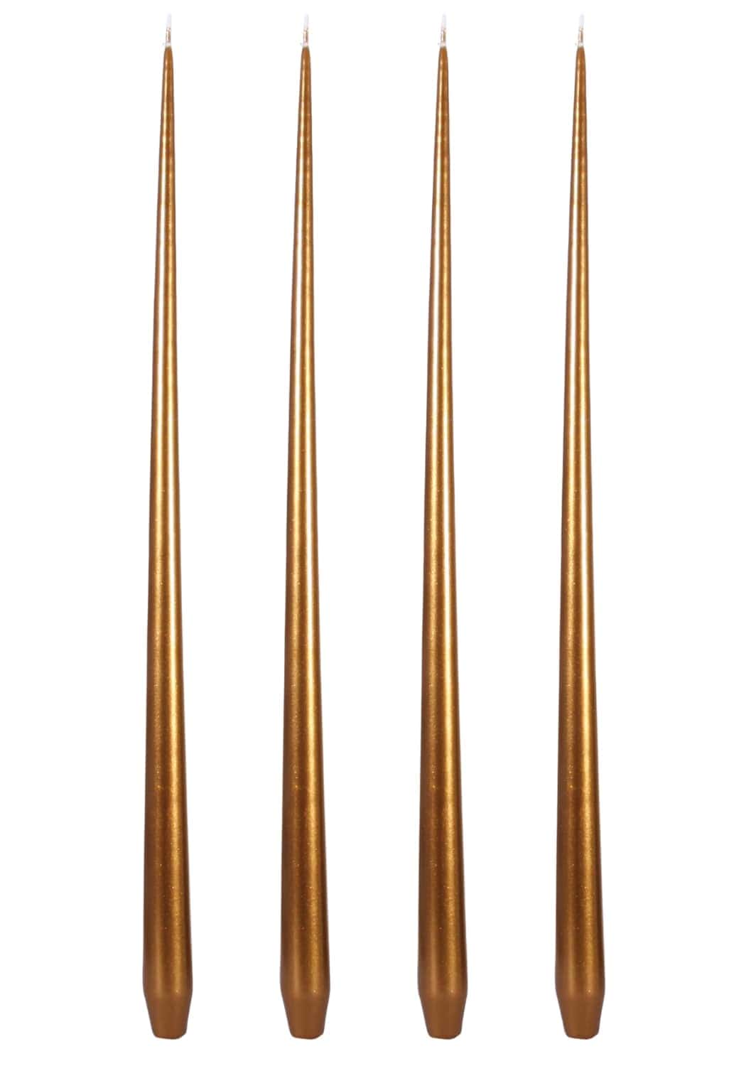 Four slender taper candles in gold with smooth reflective surface and tapered bases for elegant decor