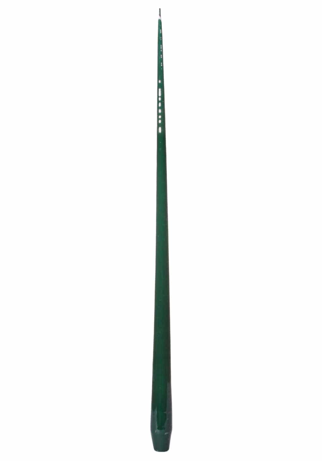 Dark green slender taper candles with a smooth glossy finish and subtle white markings for elegant decor