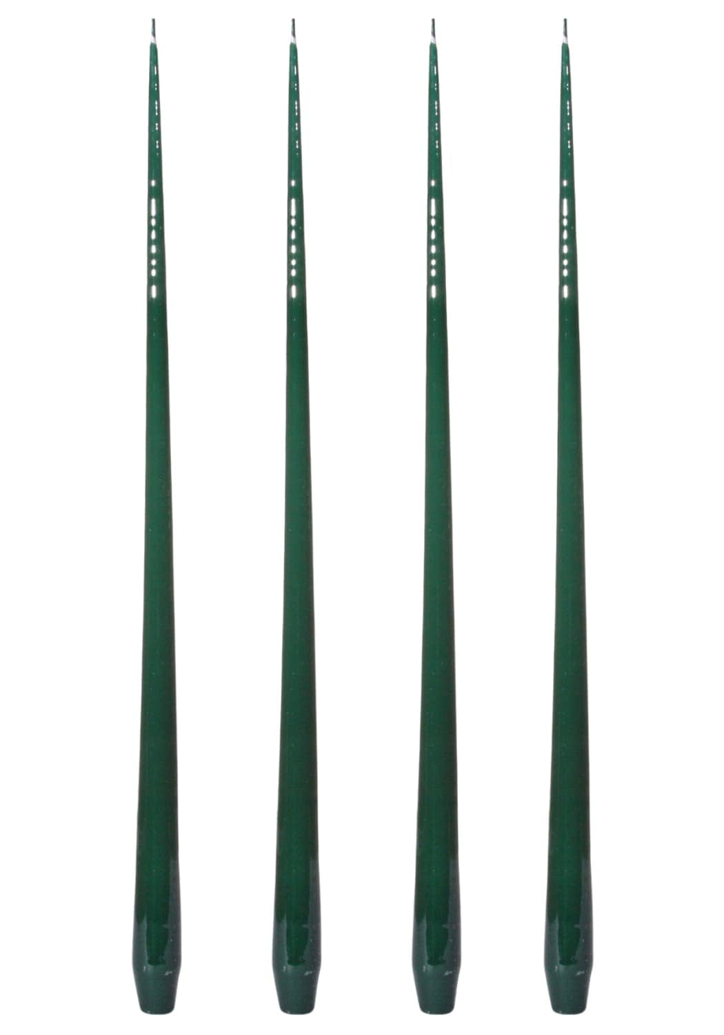Four dark green aurora tall slender taper candles with glossy finish and decorative indentations along their length