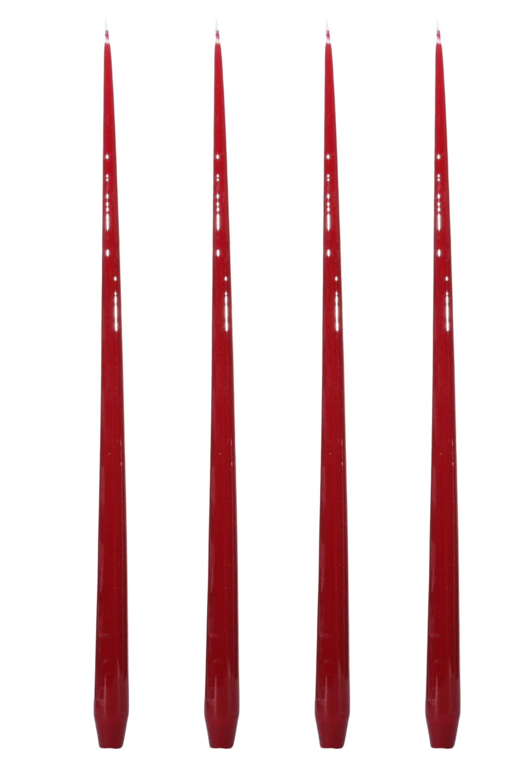 Four slender taper candles in glossy red with subtle white decorative markings from aurora tall slender taper candles