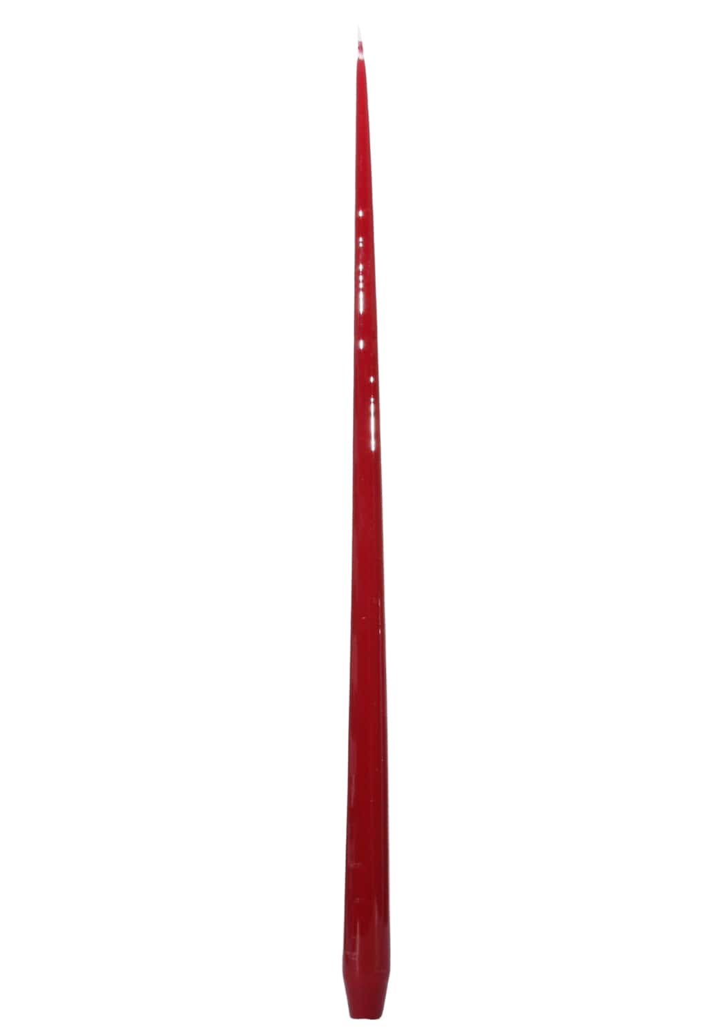 A sleek glossy red aurora tall slender taper candle with subtle vertical ridges perfect for elegant decor
