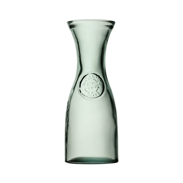 A sleek translucent green recycled glass carafe with a curved neck and embossed logo holding 800ml liquid