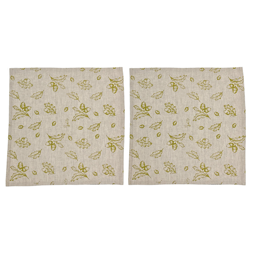 Beige linen napkins set of 2 with subtle olive green oak leaf and acorn pattern perfect for autumn use