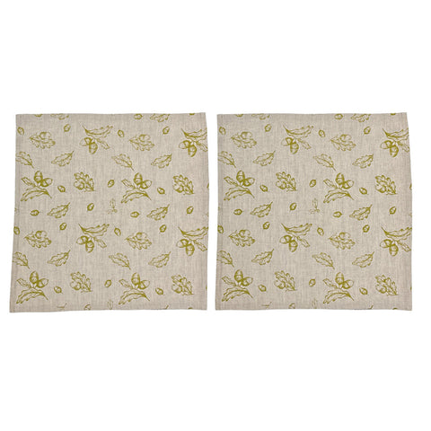 Beige linen napkins set of 2 with subtle olive green oak leaf and acorn pattern perfect for autumn use
