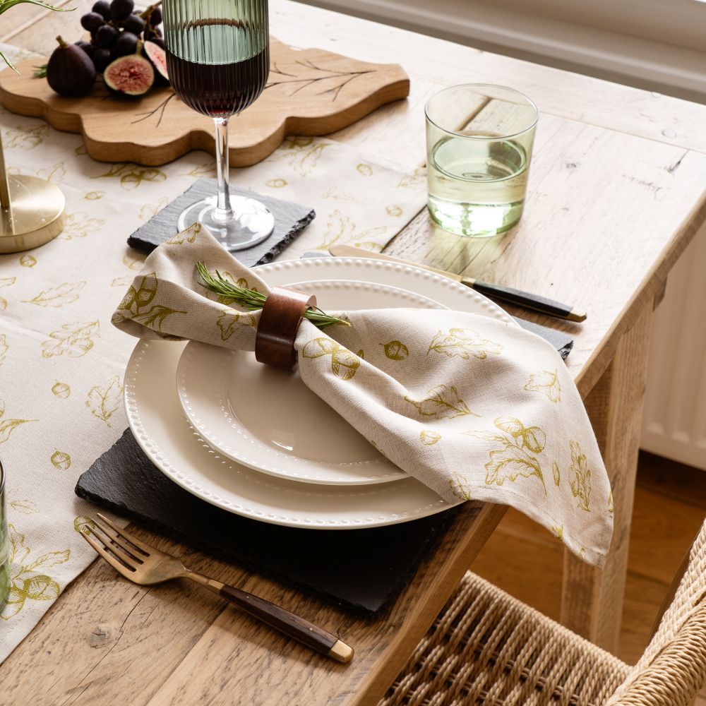 Autumn acorns linen napkins set of 2 cream linen napkins with gold floral embroidery and dark brown wooden ring