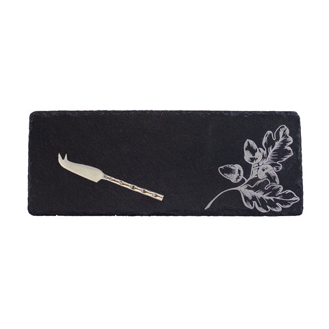 Black mini slate cheese board with silver-toned knife featuring engraved oak leaf design for autumn use
