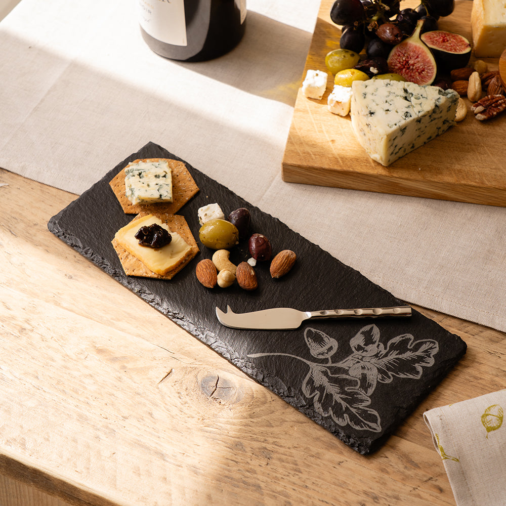Black mini slate cheese board with white engraved oak leaf design perfect for autumn acorns cheese sets