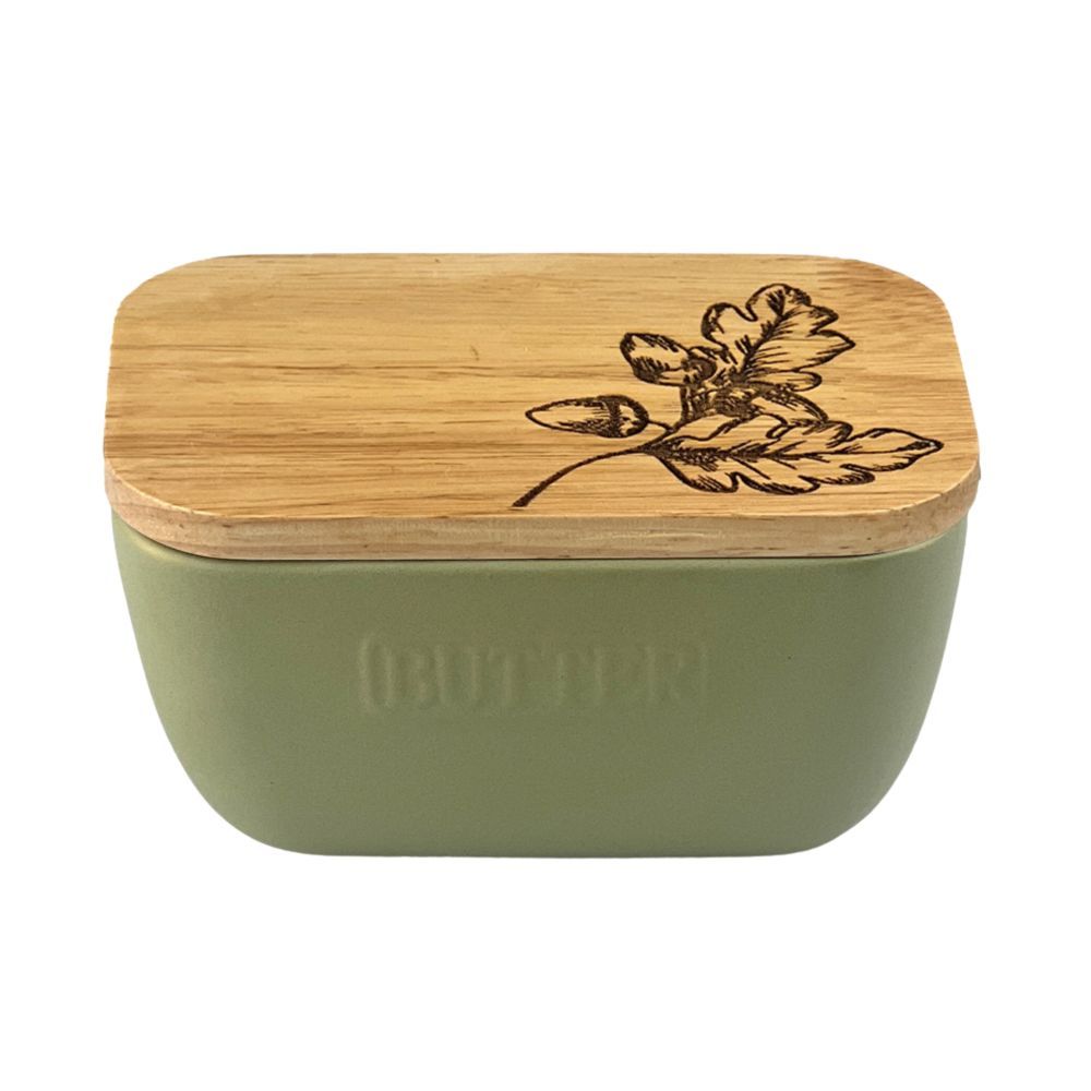 Olive green ceramic sage green butter dish with bamboo lid engraved oak leaf and acorn design autumn acorns sage green butter