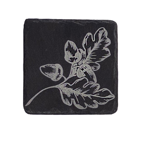 Black slate single slate coaster with light gray engraved oak leaves and acorns design perfect for autumn decor